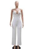 White Sexy Solid Color Hollow Out Patchwork Backless Hot Drill Halter Loose Jumpsuits
