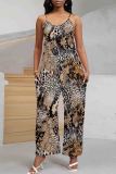 Black And White Casual Print Pocket Patchwork Backless Spaghetti Strap Loose Jumpsuits