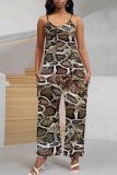 Black And White Casual Print Pocket Patchwork Backless Spaghetti Strap Loose Jumpsuits