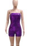 Pink Sexy Solid Color Sequins Patchwork Backless Strapless Skinny Rompers