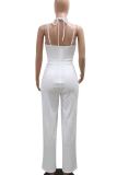 White Sexy Solid Color Hollow Out Patchwork Backless Hot Drill Halter Loose Jumpsuits