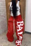 Black Casual Letters Pocket Lace Up Patchwork Loose Mid Waist Wide Leg Patchwork Bottoms