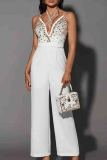 White Sexy Solid Color Hollow Out Patchwork Backless Hot Drill Halter Loose Jumpsuits