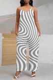 Black And White Casual Print Pocket Patchwork Backless Spaghetti Strap Loose Jumpsuits