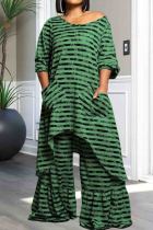 Green Street Stripe Pocket Patchwork O Neck Plus Size Two Pieces