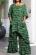 Green Street Stripe Pocket Patchwork O Neck Plus Size Two Pieces