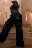Black Casual Letters Pocket Lace Up Patchwork Loose Mid Waist Wide Leg Patchwork Bottoms