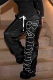 Black Casual Letters Pocket Lace Up Patchwork Loose Mid Waist Wide Leg Patchwork Bottoms