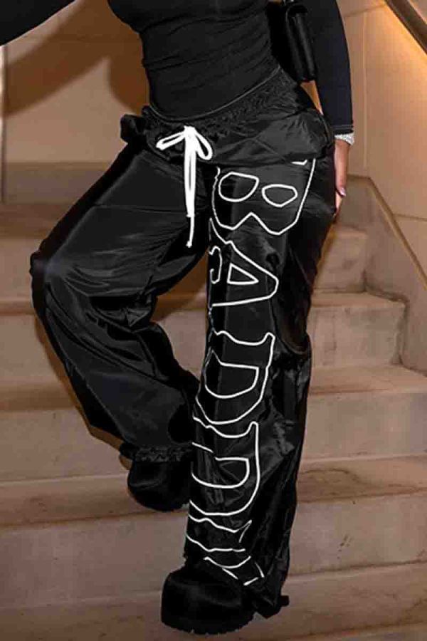 Black Casual Letters Pocket Lace Up Patchwork Loose Mid Waist Wide Leg Patchwork Bottoms