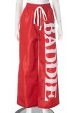 Black Casual Letters Pocket Lace Up Patchwork Loose Mid Waist Wide Leg Patchwork Bottoms