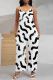 Black And White Casual Print Pocket Patchwork Backless Spaghetti Strap Loose Jumpsuits
