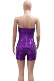 Pink Sexy Solid Color Sequins Patchwork Backless Strapless Skinny Rompers