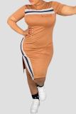 Yellow Street Patchwork Slit Contrast O Neck Long Dresses