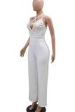 White Sexy Solid Color Hollow Out Patchwork Backless Hot Drill Halter Loose Jumpsuits