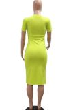 Yellow Street Patchwork Slit Contrast O Neck Long Dresses