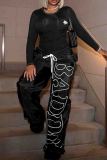 Black Casual Letters Pocket Lace Up Patchwork Loose Mid Waist Wide Leg Patchwork Bottoms