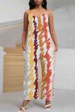 Black And White Casual Print Pocket Patchwork Backless Spaghetti Strap Loose Jumpsuits