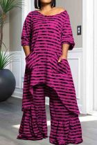 Rose Red Street Stripe Pocket Patchwork O Neck Plus Size Two Pieces