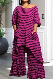 Rose Red Street Stripe Pocket Patchwork O Neck Plus Size Two Pieces