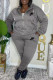 Grey Casual Daily Letters Pocket Zipper Embroidery Hooded Long Sleeve Two Pieces