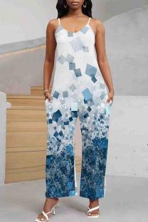 White Blue Casual Print Pocket Patchwork Backless Spaghetti Strap Loose Jumpsuits
