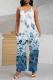 White Blue Casual Print Pocket Patchwork Backless Spaghetti Strap Loose Jumpsuits