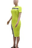 Yellow Street Patchwork Slit Contrast O Neck Long Dresses