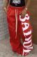 Red Casual Letters Pocket Lace Up Patchwork Loose Mid Waist Wide Leg Patchwork Bottoms