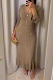 Black Elegant Solid Color Buckle Patchwork V Neck Long Dresses