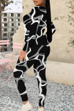 Black Brown Casual Street Geometric Print Contrast O Neck Long Sleeve Two Pieces