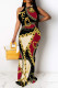 Black Red Sexy Colorblock Chain print Contrast O Neck One Step Skirt Dresses