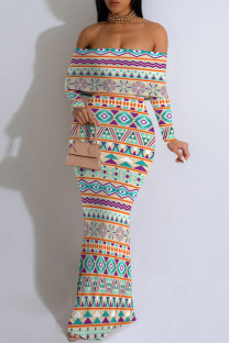 Multicolor Sexy Floral Print Stripe Contrast Off Shoulder One Step Skirt Dresses