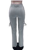 Grey Casual Letters Patchwork Cross Straps Regular High Waist Conventional Patchwork Bottoms