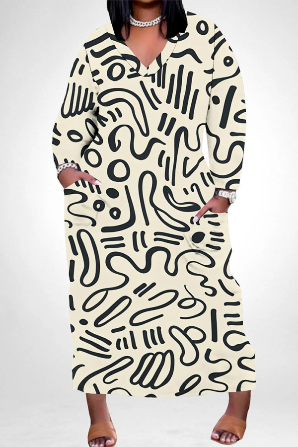 Light Khaki Casual Daily Striped Print Pocket Contrast V Neck Printed Plus Size Dresses
