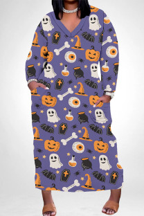 Purple Casual Skull Head Graffiti Print Pocket Contrast V Neck Printed Plus Size Dresses