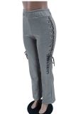 Grey Casual Letters Patchwork Cross Straps Regular High Waist Conventional Patchwork Bottoms