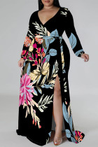 Blue Black Elegant Geometric Print Flowers Faux Denim Print Lace Up Slit Contrast V Neck Printed Plus Size Dresses