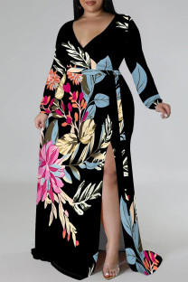 Blue Black Elegant Geometric Print Flowers Faux Denim Print Lace Up Slit Contrast V Neck Printed Plus Size Dresses
