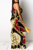 Black Red Sexy Colorblock Chain print Contrast O Neck One Step Skirt Dresses