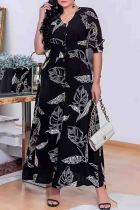 Black Elegant Print Buckle Patchwork V Neck Long Dresses