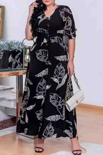 Black Elegant Print Buckle Patchwork V Neck Long Dresses