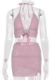 Pink Sexy Solid Color Patchwork Backless Slit Strap Design Halter Sleeveless Two Pieces