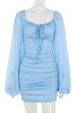 Blue Sexy Solid Color Patchwork Ruched Strap Design U Neck Wrapped Skirt Dresses