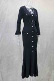 Black Elegant Solid Color Buckle Patchwork V Neck Long Dresses