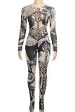 Deep Blue Street Print Patchwork O Neck Long Sleeve Two Pieces