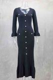 Black Elegant Solid Color Buckle Patchwork V Neck Long Dresses