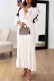Black Elegant Solid Color Buckle Patchwork V Neck Long Dresses