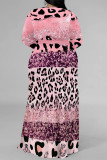 Pink Elegant Geometric Print Flowers Faux Denim Print Lace Up Slit Contrast V Neck Printed Plus Size Dresses