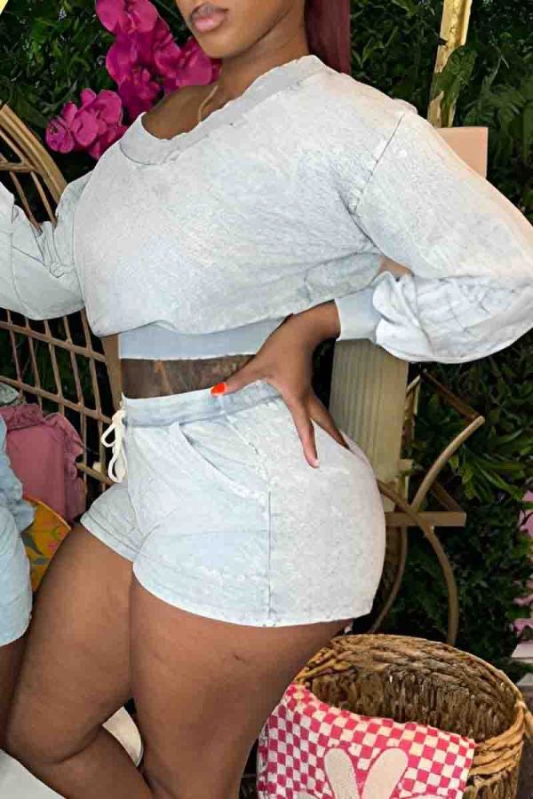 Grey Casual Solid Color Pocket Lace Up Patchwork V Neck Long Sleeve Two Pieces