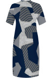 Blue Casual Street Camouflage Print Letters Pocket Contrast V Neck Printed Plus Size Dresses